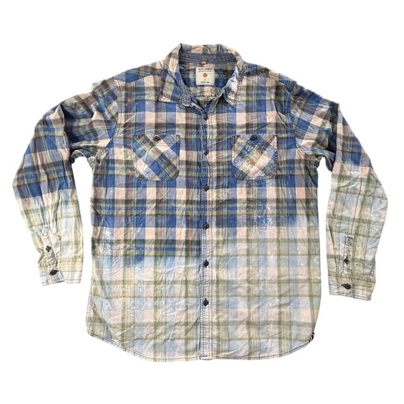 Ruff Hewn Shirt Mens Large Blue Green Plaid Button Down Casual Flannel Faded - Picture 1 of 13